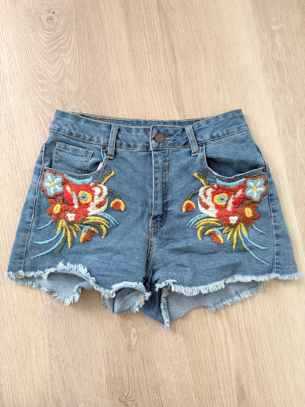 Roebuck & Co. Vintage denim embroidered floral shorts